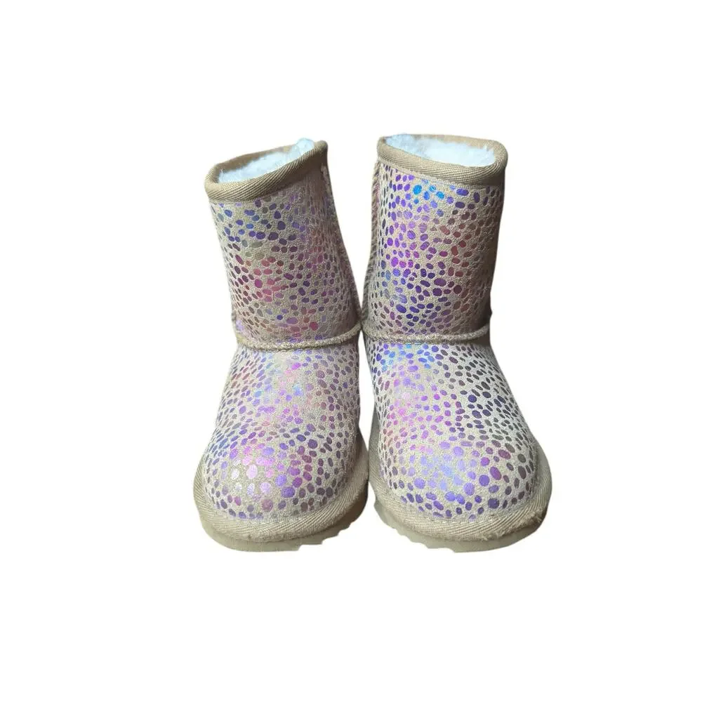 UGG Classic II Spots Boots Girls Size 10 Chestnut Suede Metallic Rainbow